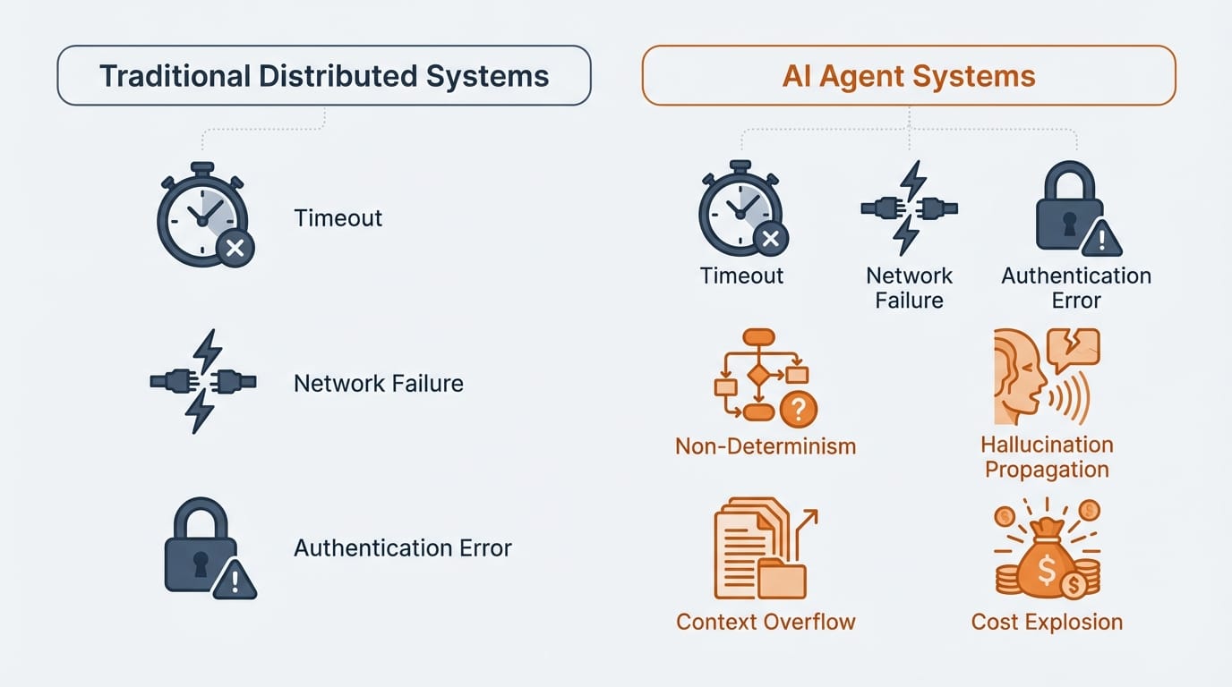 Comparison diagram showing traditional distributed system failures versus additional AI-specific failure modes