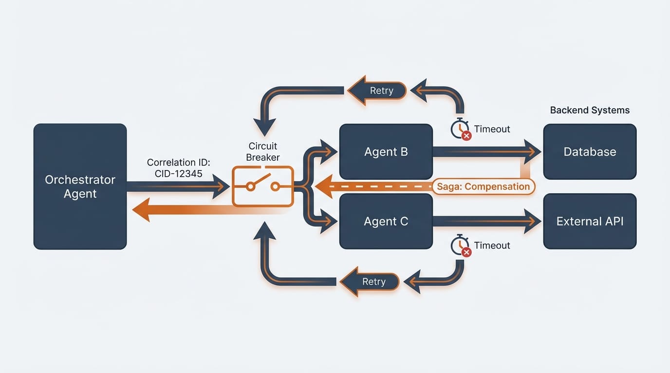 Architecture diagram showing orchestrator agent with circuit breakers, retry logic, and saga compensation patterns