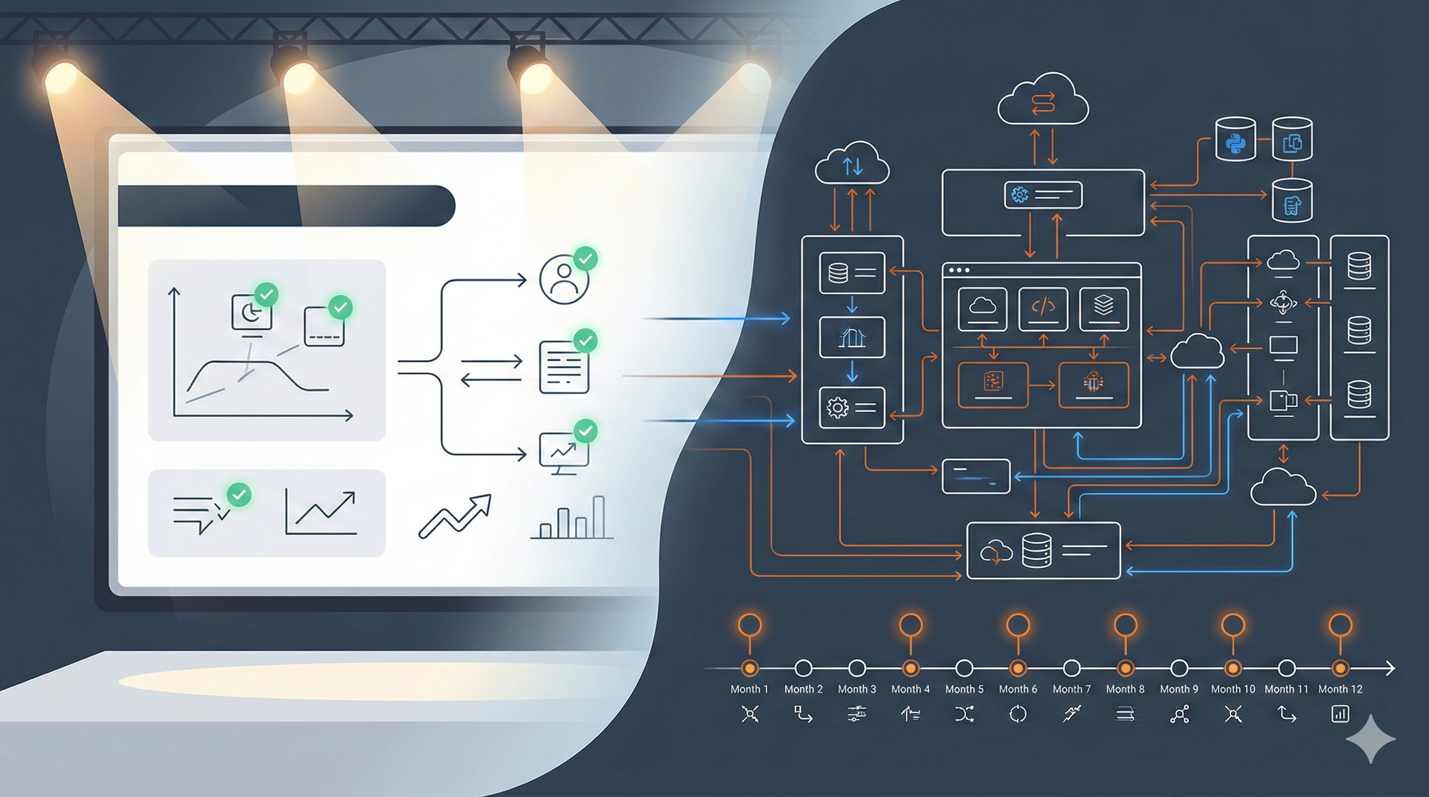 Split illustration showing simple presentation diagrams transforming into complex enterprise architecture