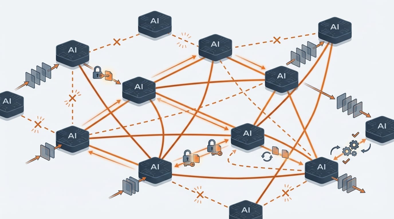 Network diagram showing AI agents connected with various success and failure states