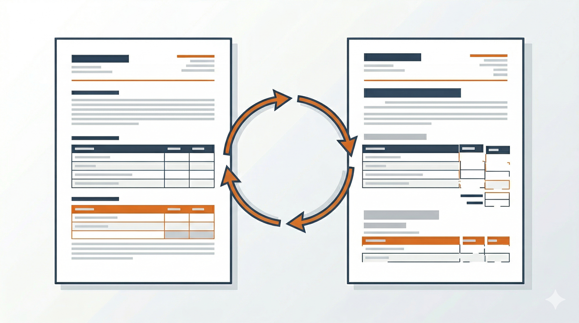Two document pages connected by circular arrows. The left shows clean formatting; the right shows the same content with broken alignment and degraded structure after AI editing cycles.