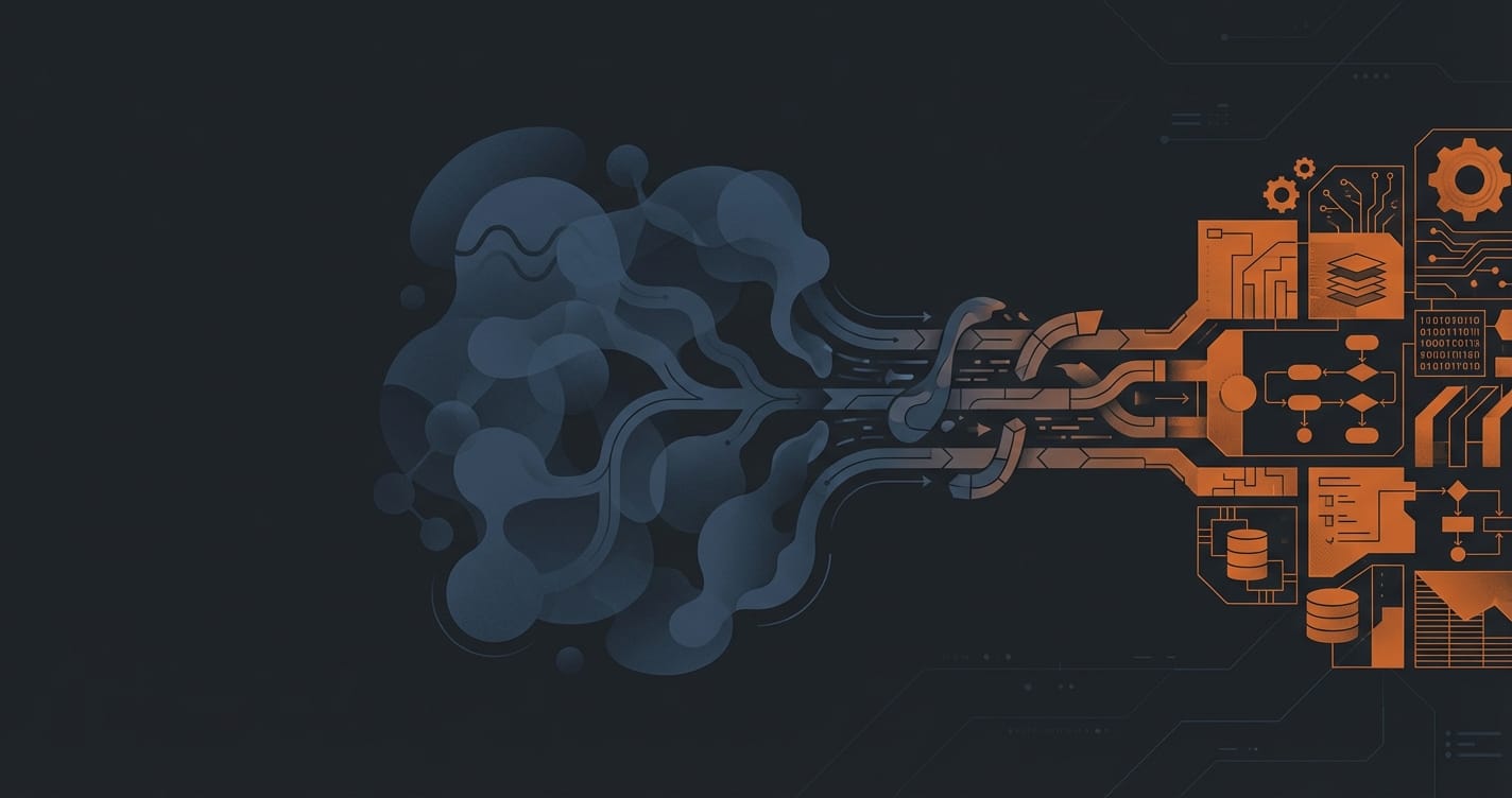 Abstract translation mechanism transforming organic shapes into precise geometric forms, representing the encoding of organizational goals into machine-actionable objectives