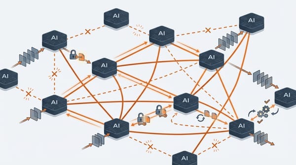 Network diagram showing AI agents connected with various success and failure states