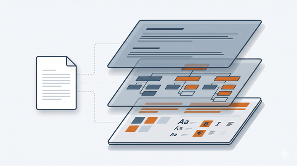A document separating into layered components: clean text on top, structural mapping in the middle, and formatting metadata on the bottom. Flat technical illustration.