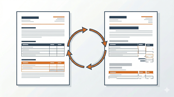 Two document pages connected by circular arrows. The left shows clean formatting; the right shows the same content with broken alignment and degraded structure after AI editing cycles.
